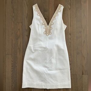 Lilly Pulitzer Shift White V Neck Dress with Gold Lace Trim